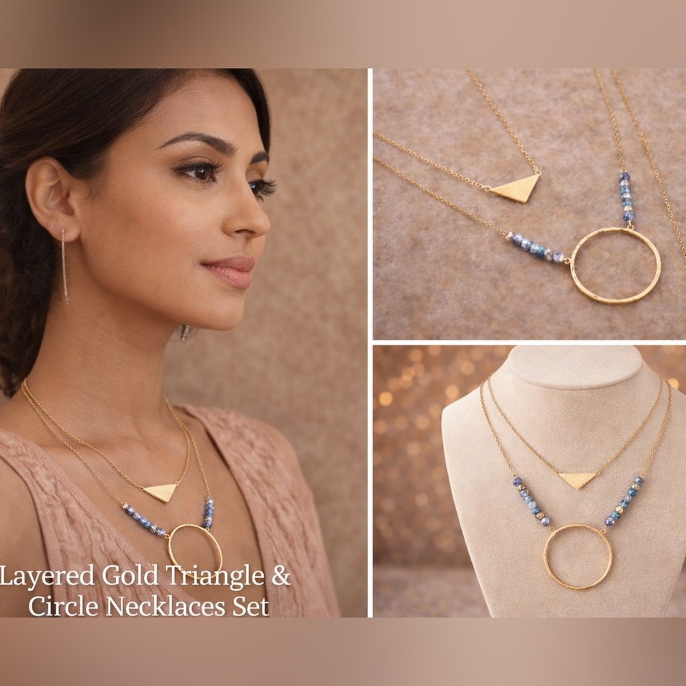 ✨Gold Layered Necklace Set Circle & Triangle Pendants Wear Together or Not ✨